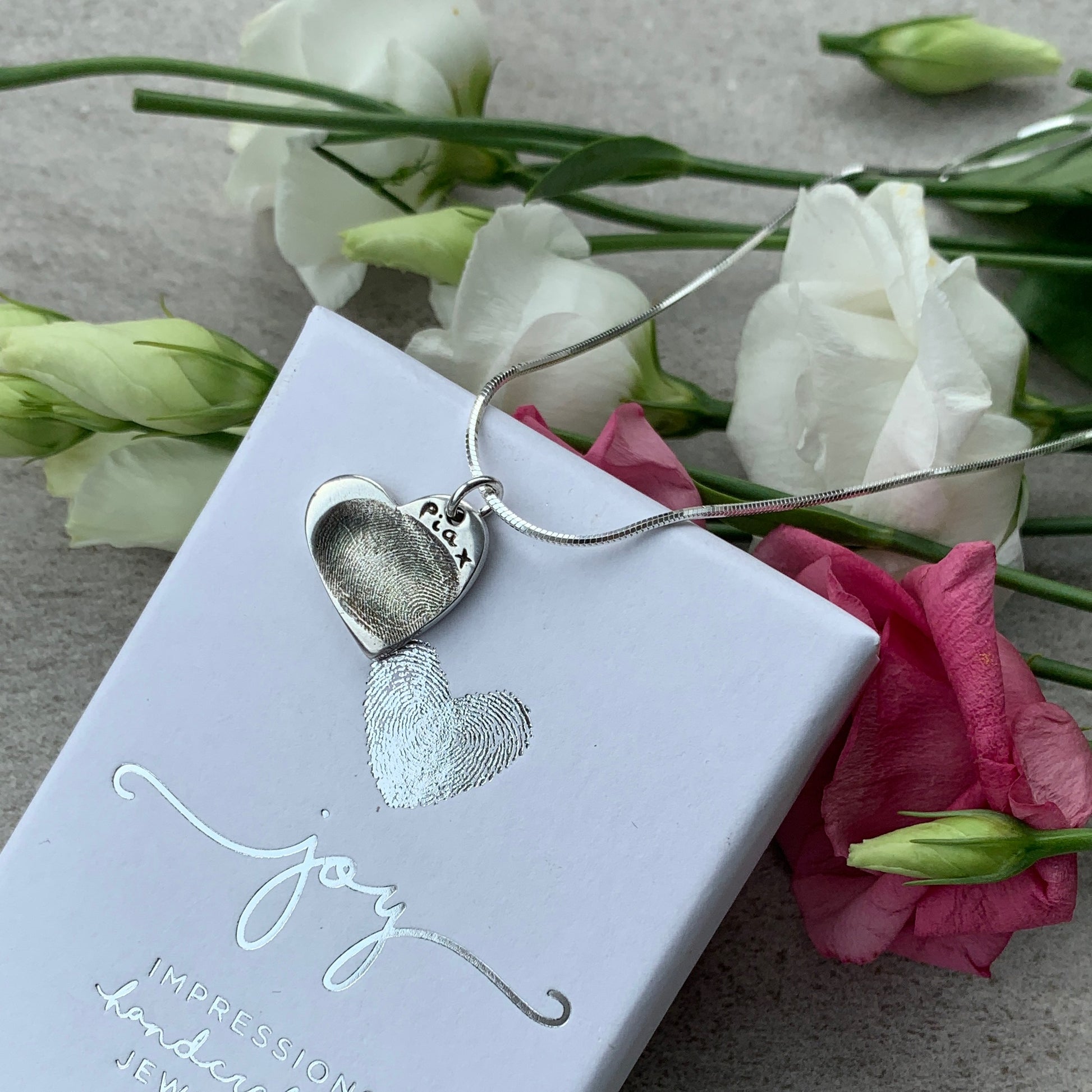 Adult Fingerprint Heart Charm with name on front necklace by Joy Impressions