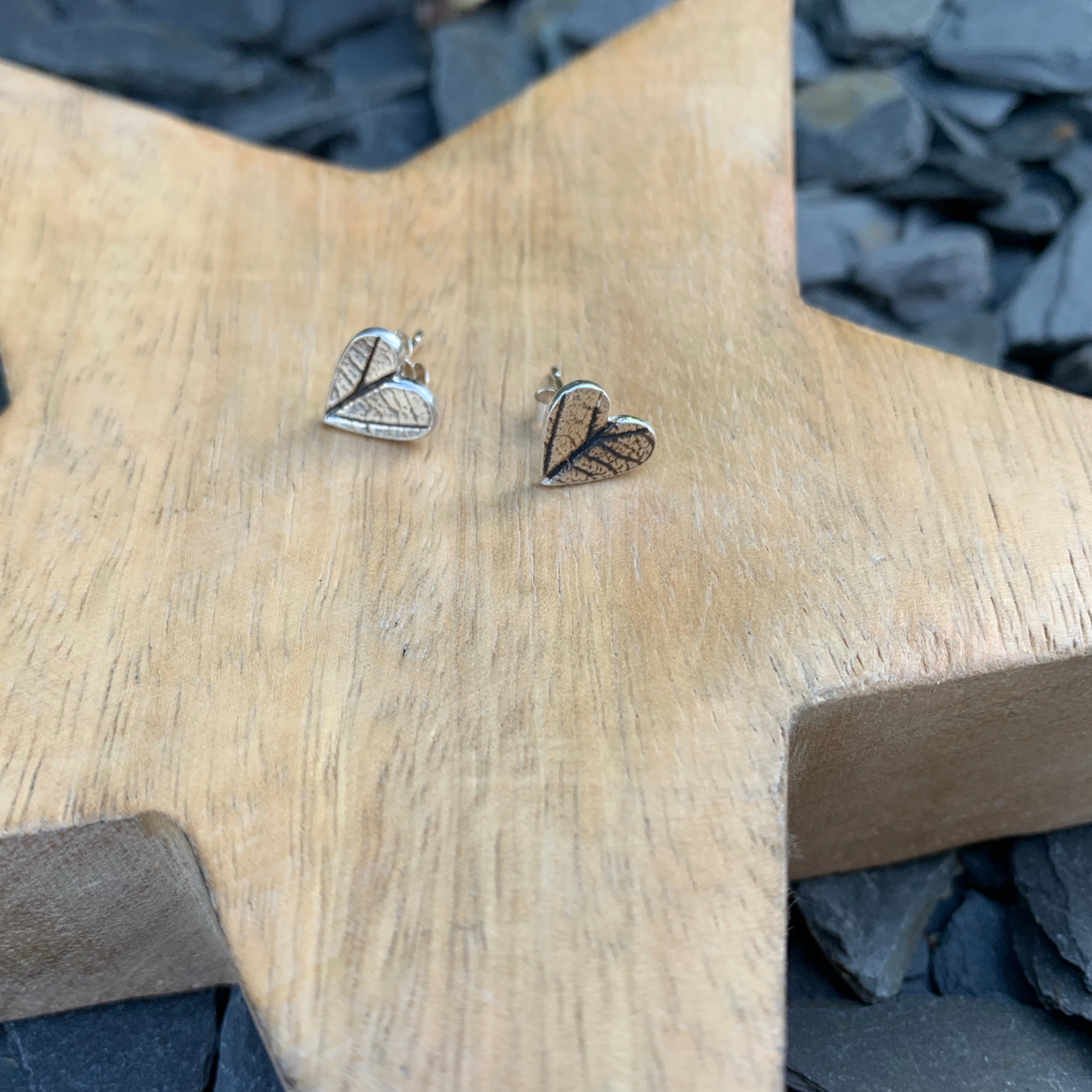 Heart Sterling Silver Leaf Impressed Studs