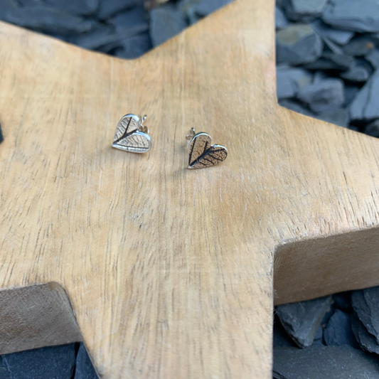 Heart Sterling Silver Leaf Impressed Studs