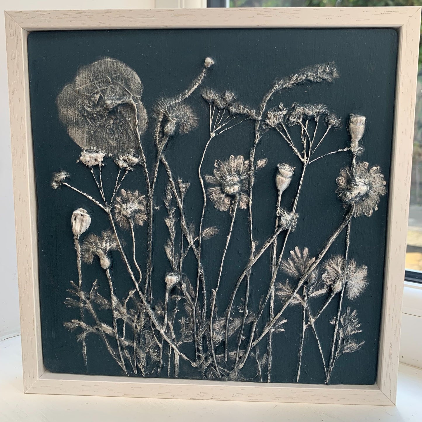 Meadow Botanical Cast Deep Blue  & Silver in White Frame